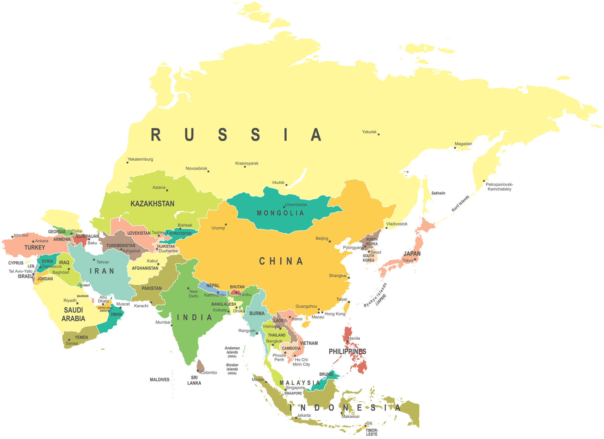 Asia Map With Country Names | Map of Atlantic Ocean Area