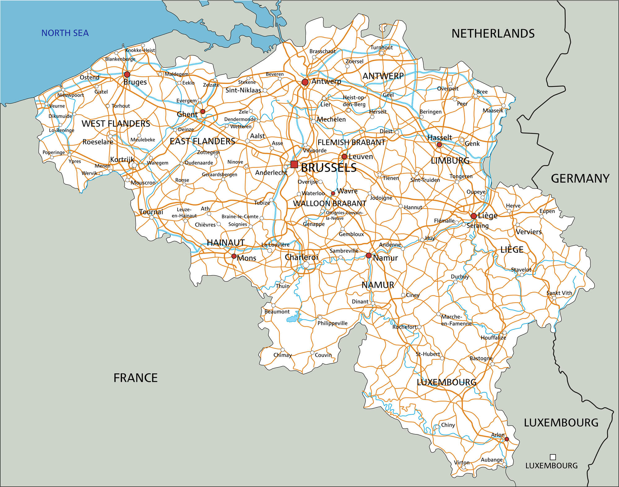 Large Detailed Physical Map Of Belgium With All Roads