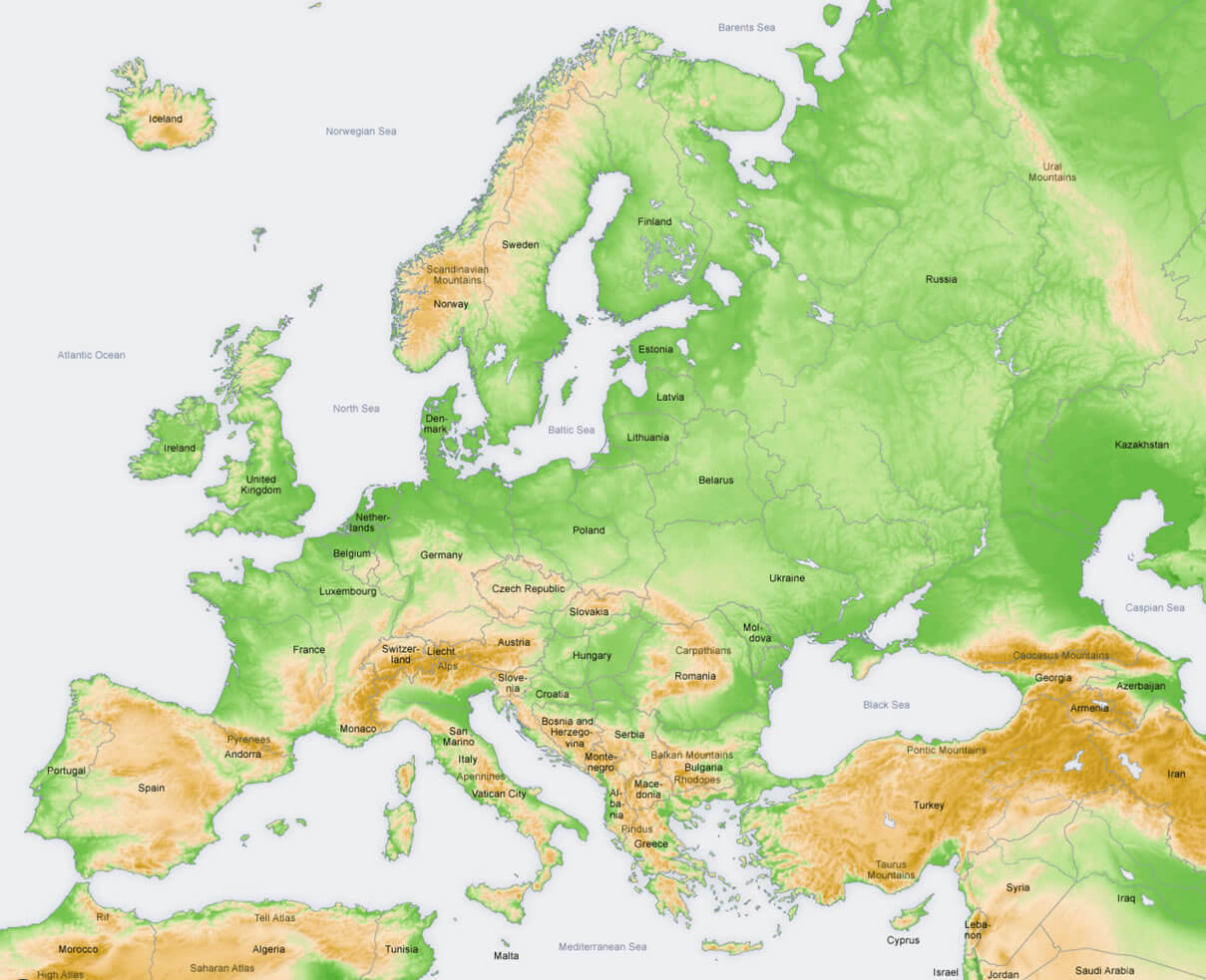 Physical Geography Map of Europe Highlighting Mountains and Terrain