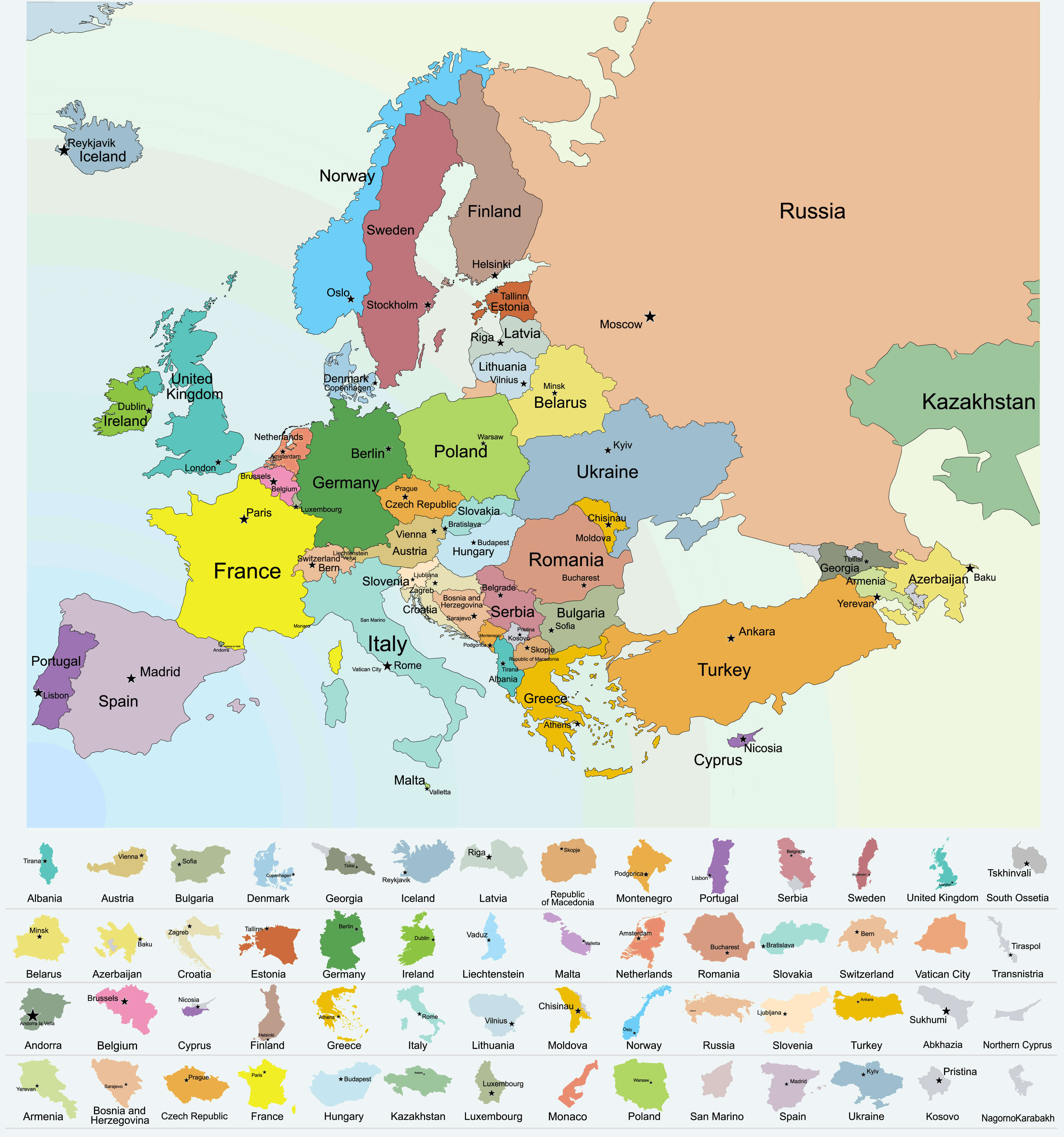 Europe Map with National Borders and Countries Miniature Maps