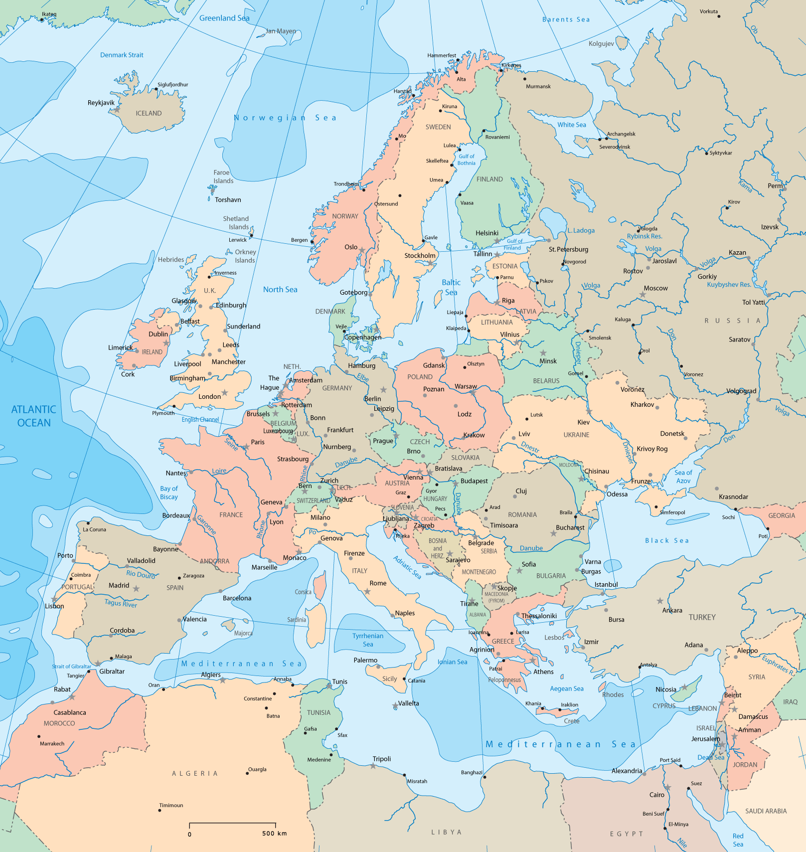 Europe Political Map with National Borders and Major Rivers