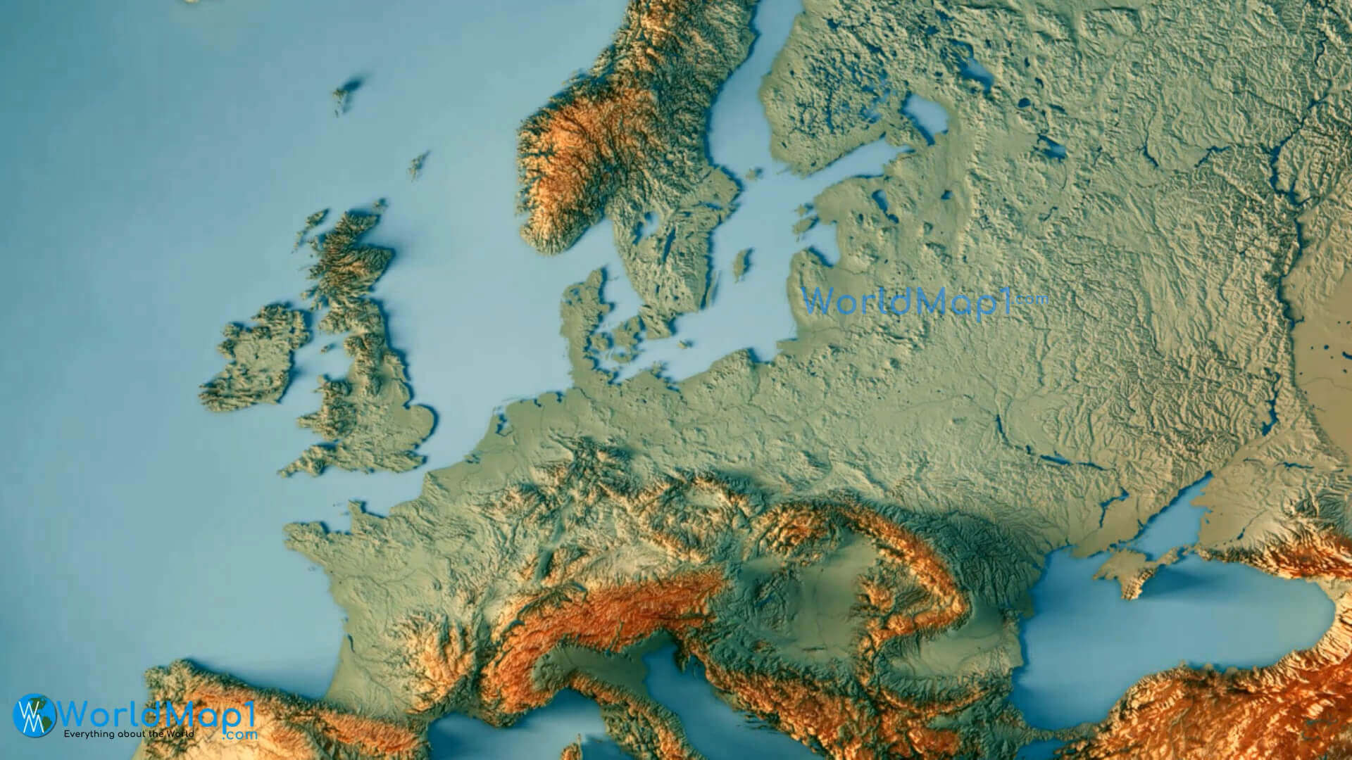 Topographical Map of Europe Showing Elevation and Terrain Features