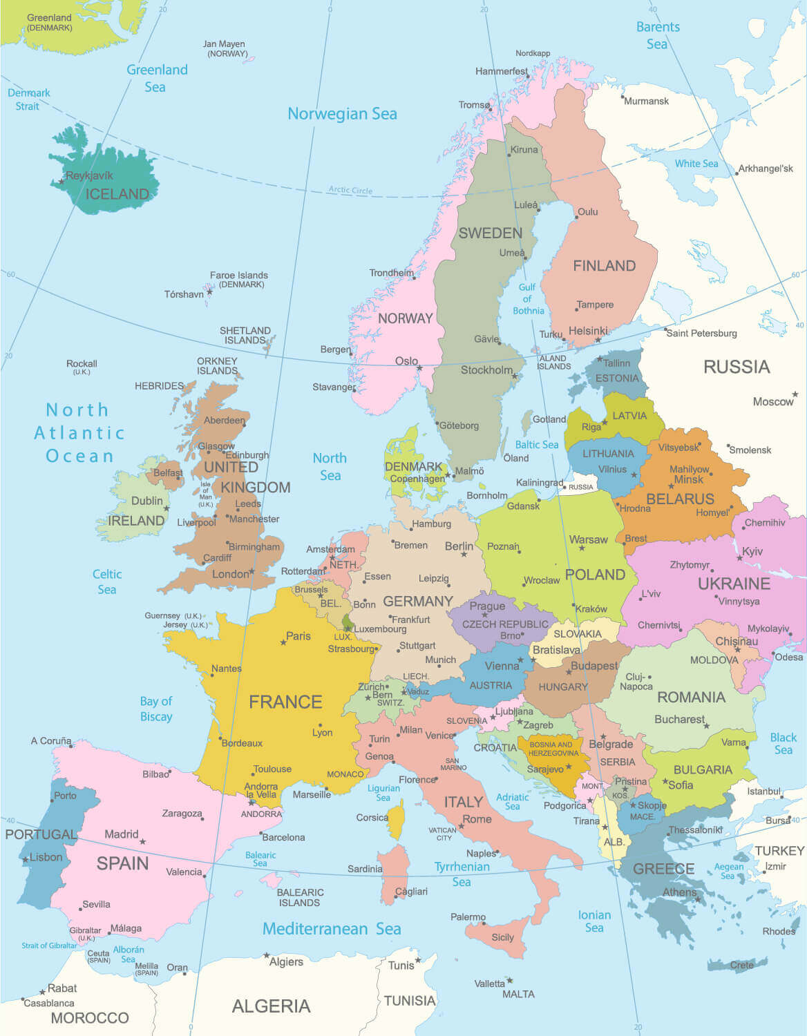 Detailed Political Map of European Countries and Capitals