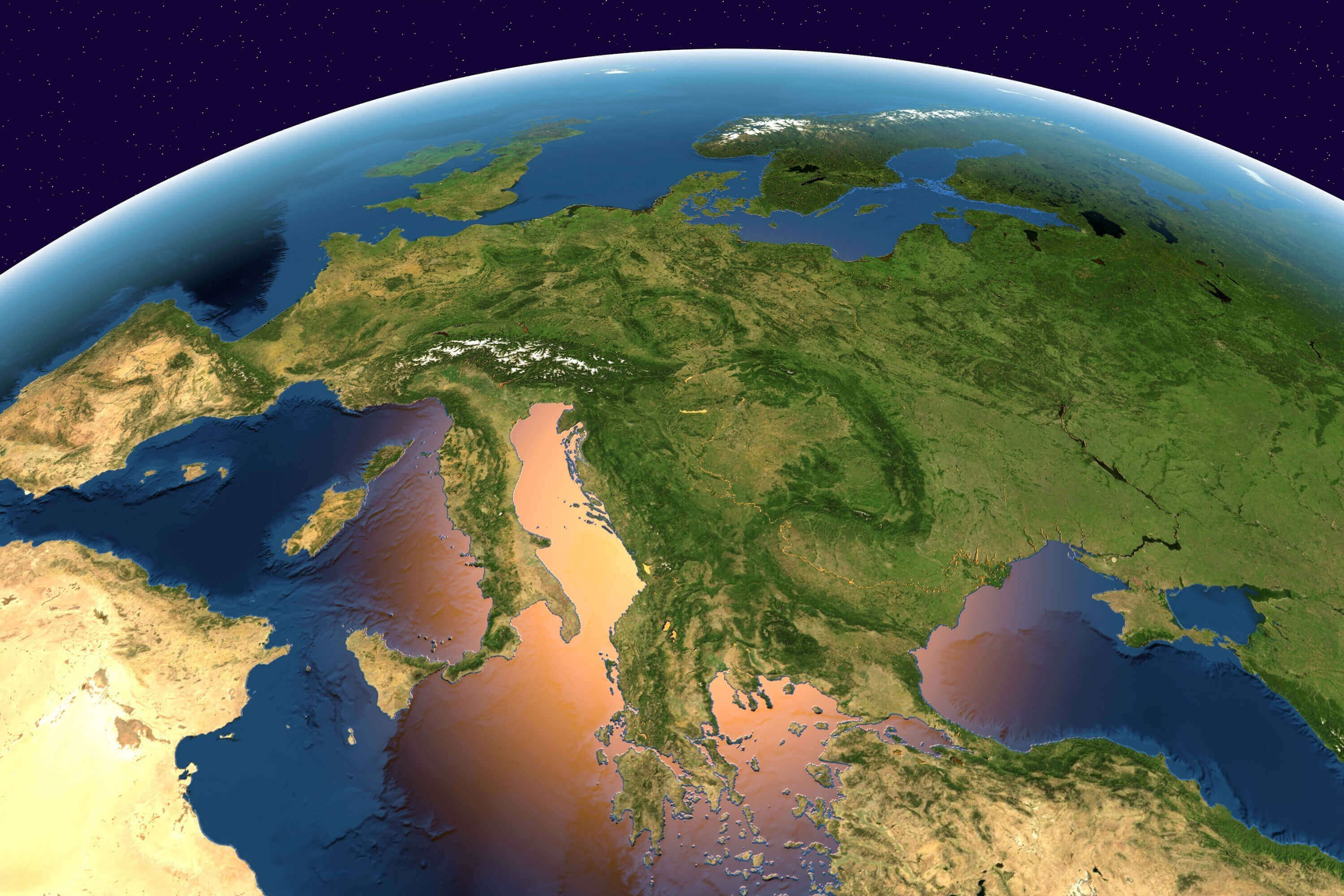 3D Physical Map of Europe Highlighting Terrain and Coastal Features