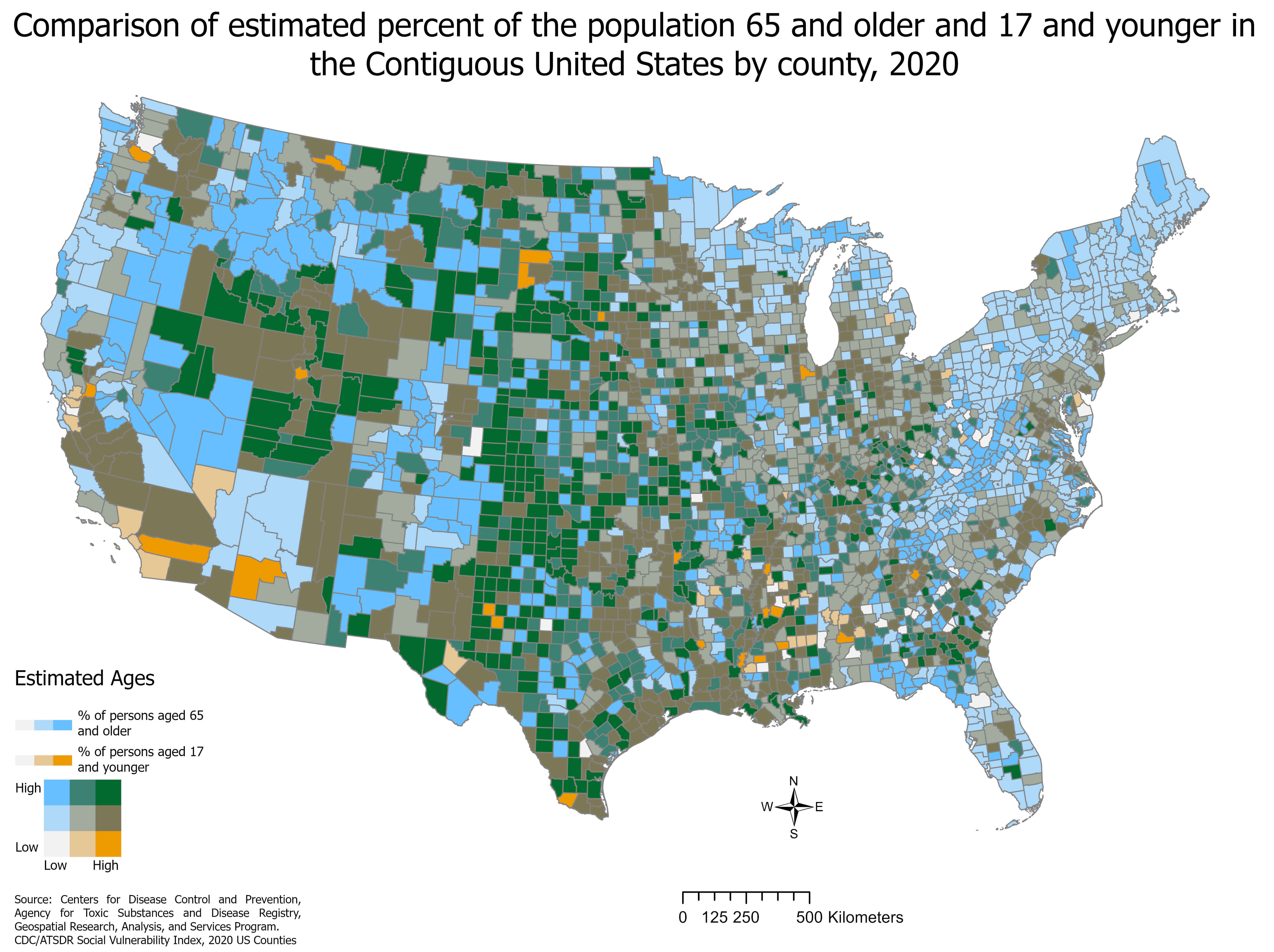 Age Distribution of U.S. Population 65 and Older vs. 17 and Younger by County (2020)