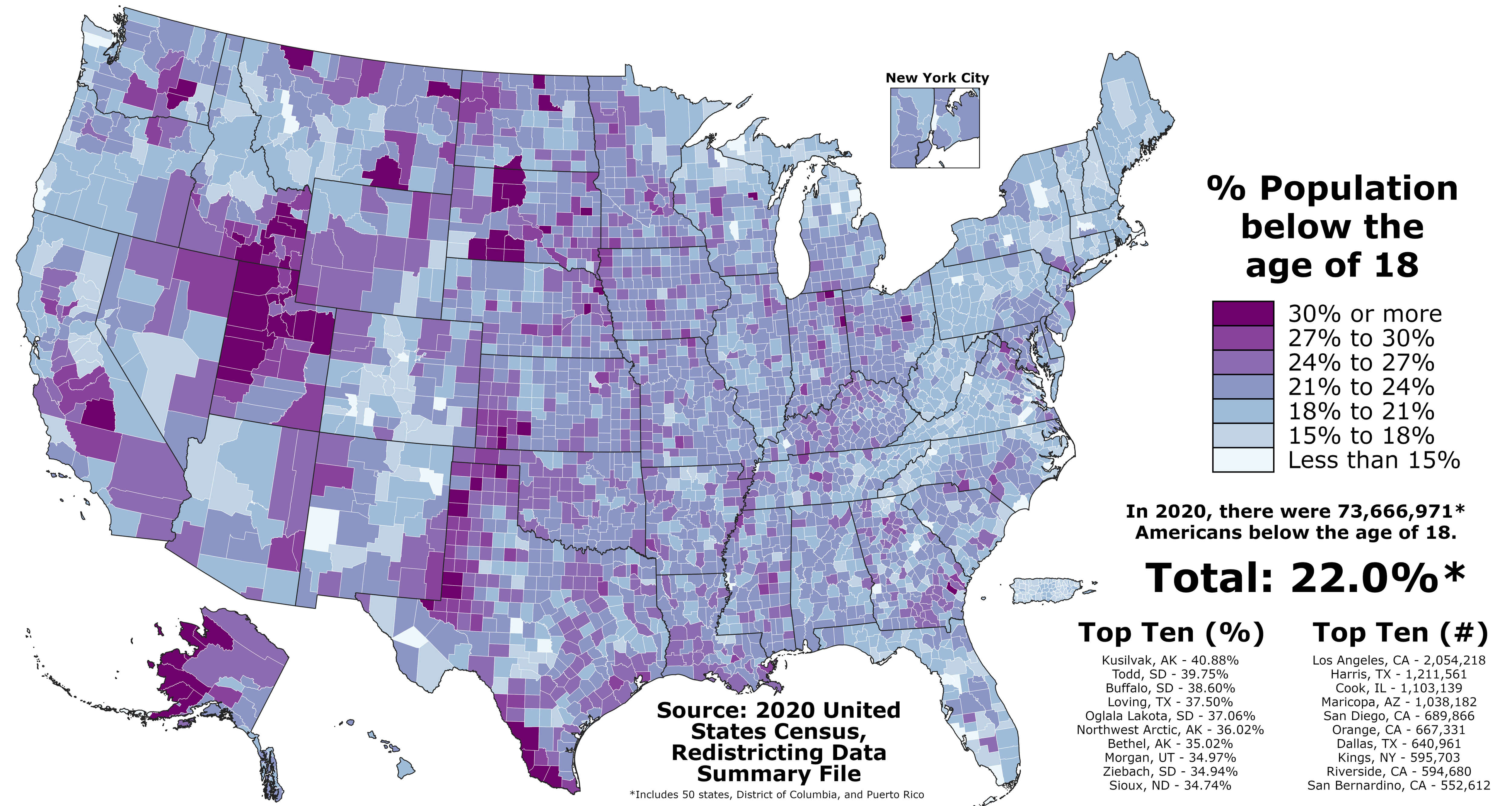 U.S. Population Under Age 18 by County (2020 Census)