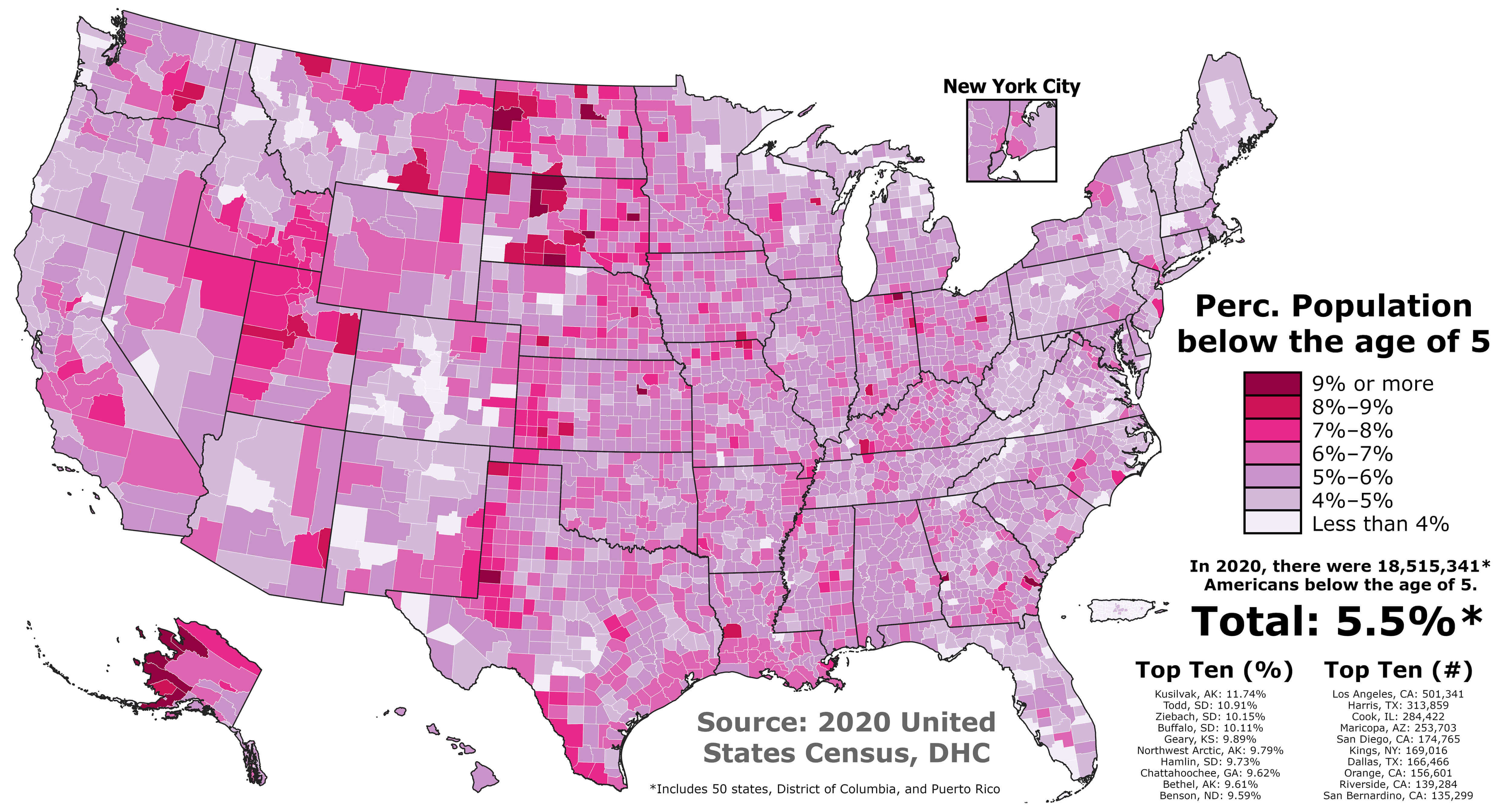 U.S. Population Under Age 5 by County (2020)