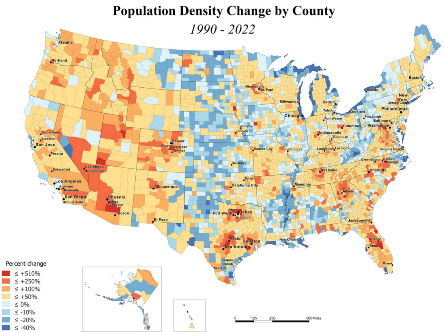 U.S. Population Density Change by County (1990 - 2022)