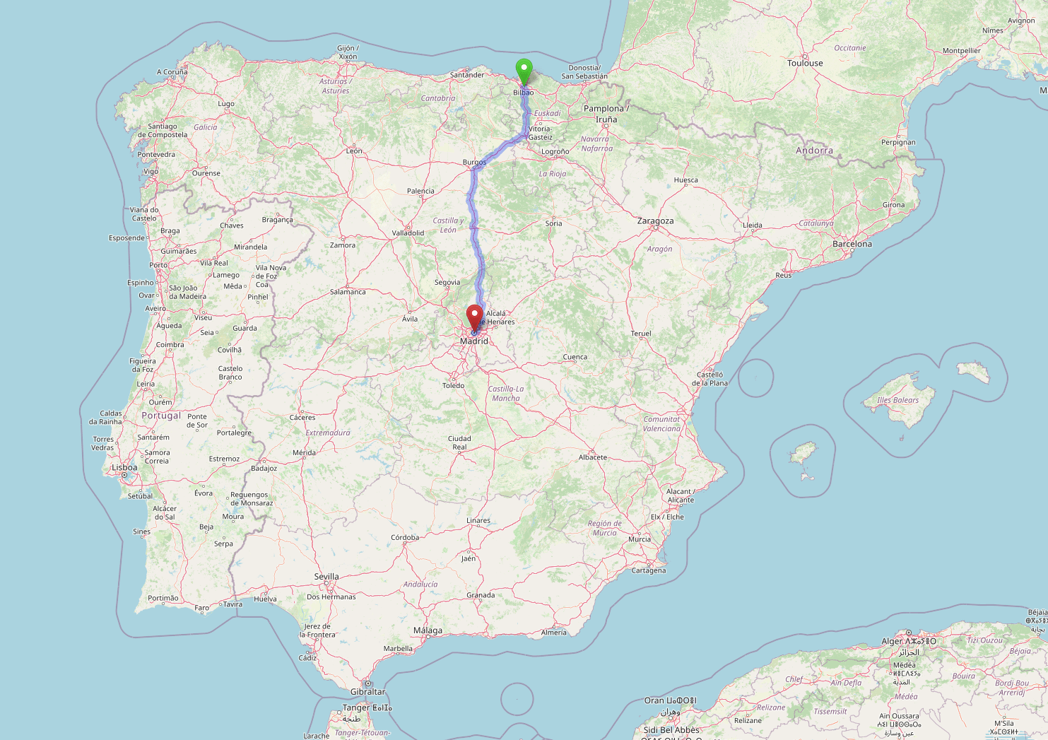 Bilbao Madrid route map spain