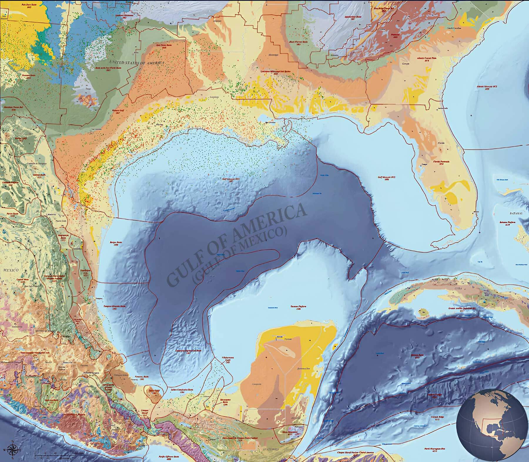 Gulf of America Mexico geology map oil and gas fields