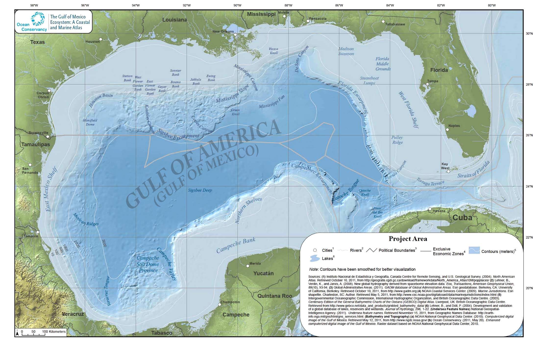 Gulf of America (Gulf of Mexico) Physical Map with Depth and Coastal Features