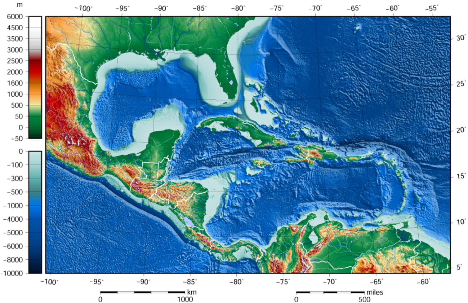 Relief map of the Gulf of Mexico and the caribbean islands