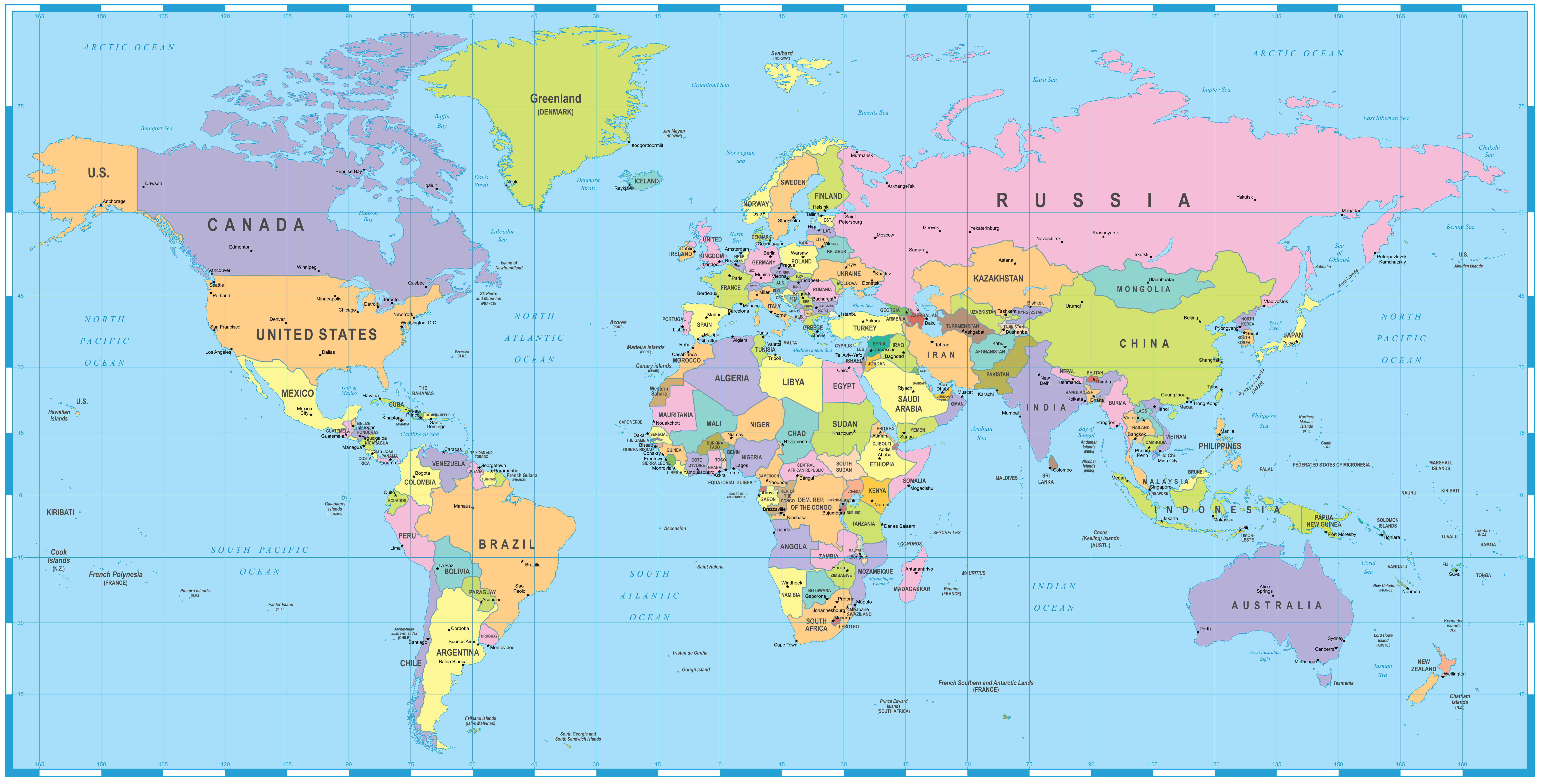 World map with countries and capitals
