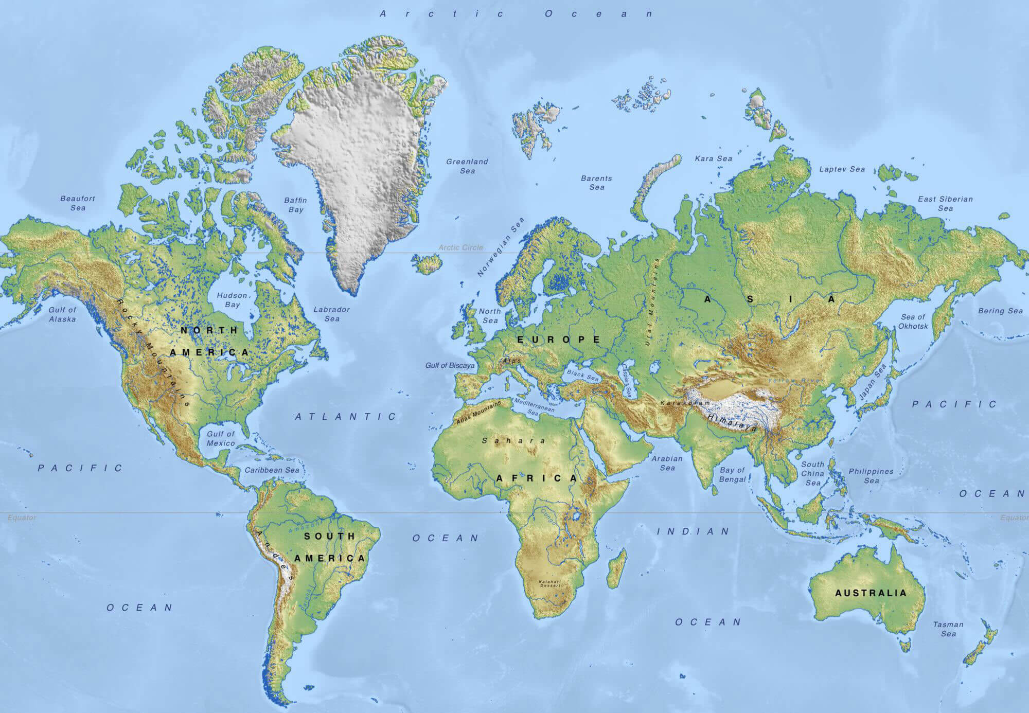 World Printable Physical Map